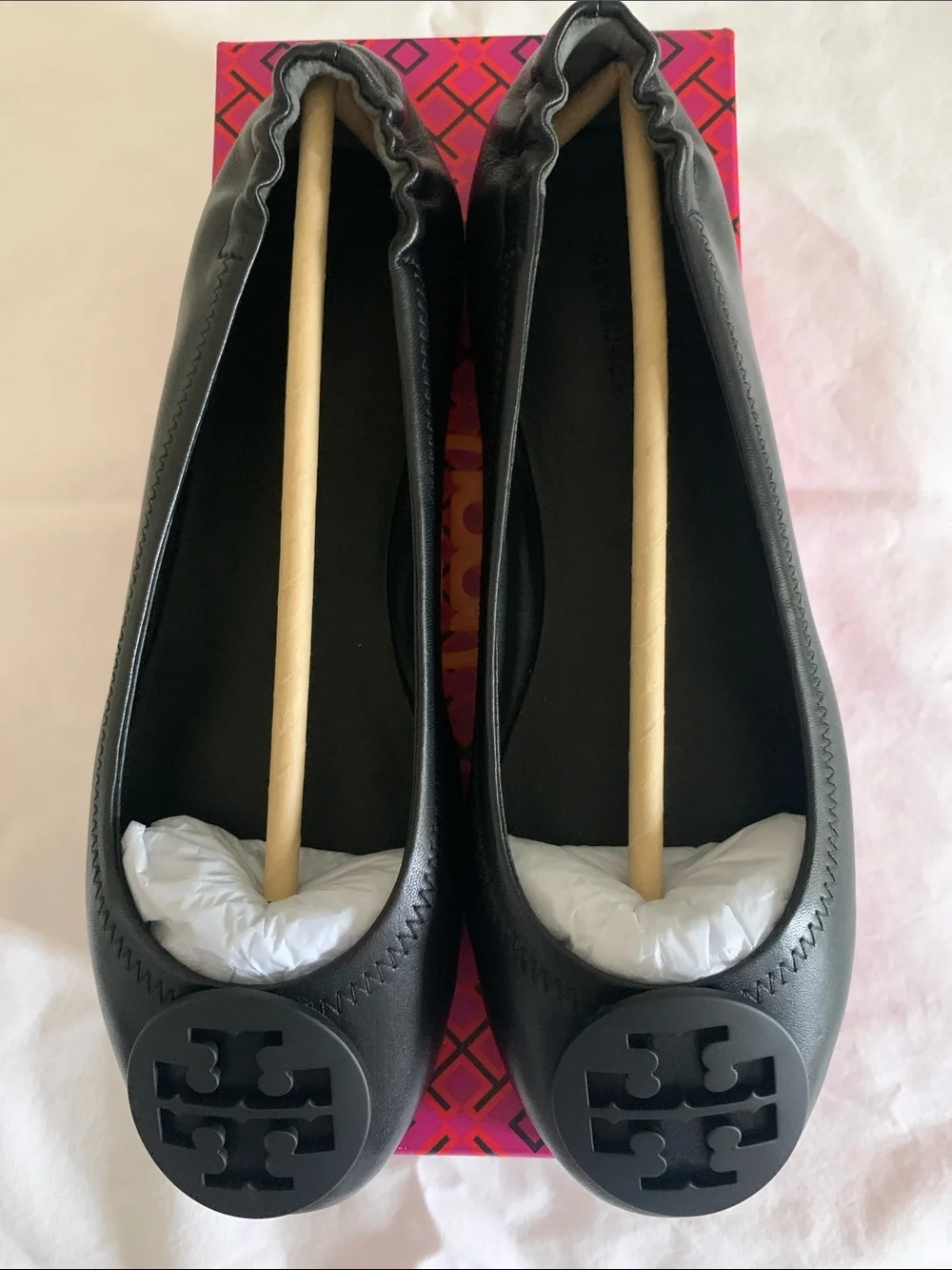 Tory Burch Black Leather Logo Ballet Flats